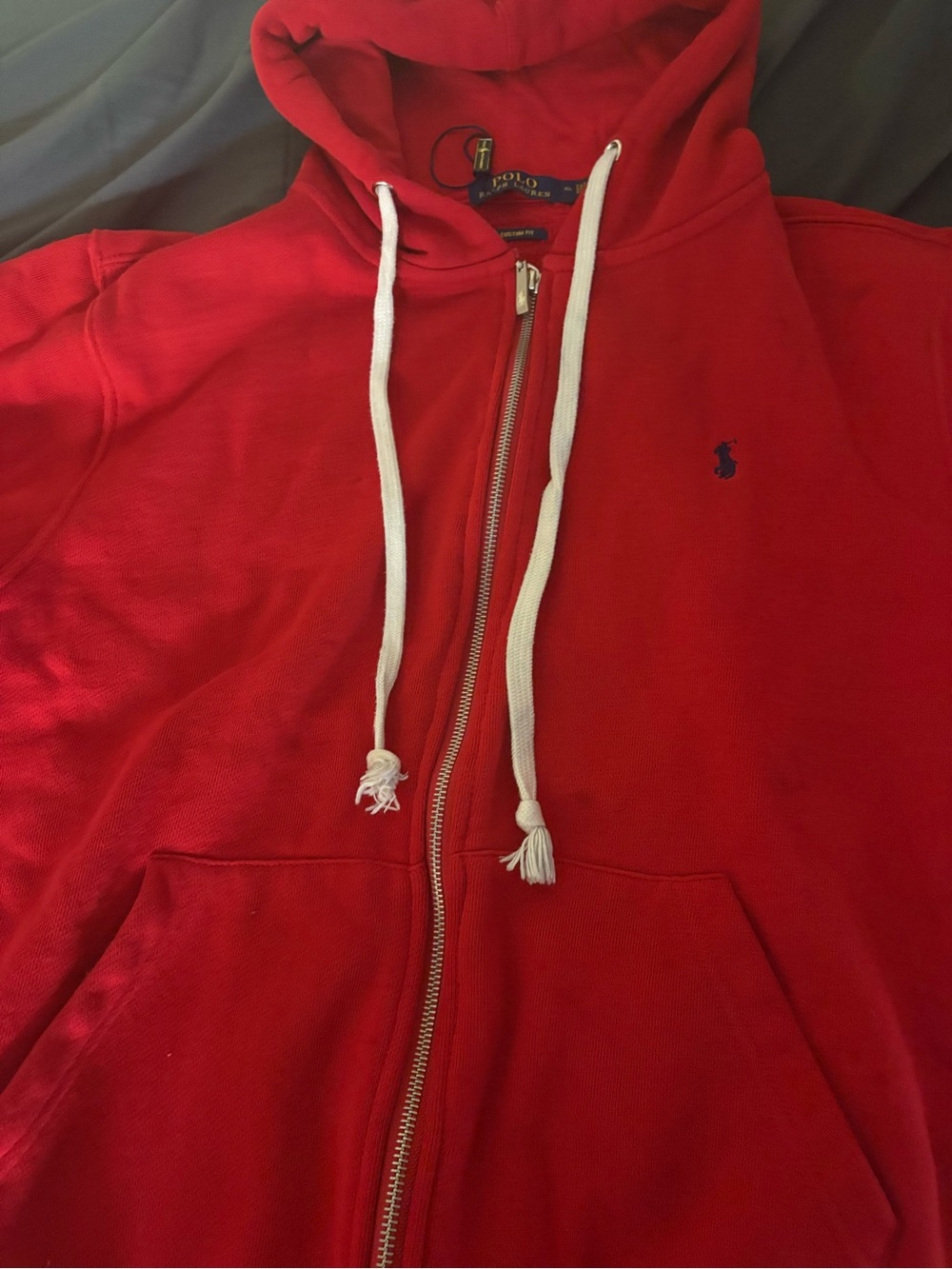 Polo by Ralph Lauren Men’s Red Zip Hoodie with White Drawstrings